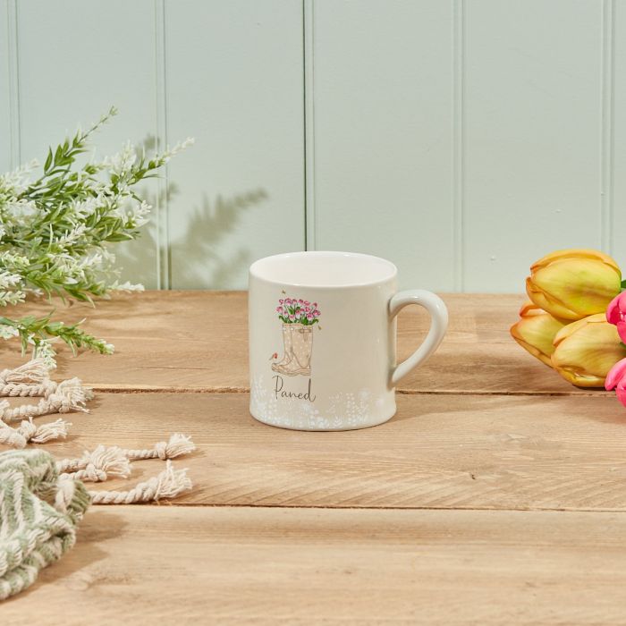 Welsh Paned Mug Green Stoneware With Flowers In Wellies